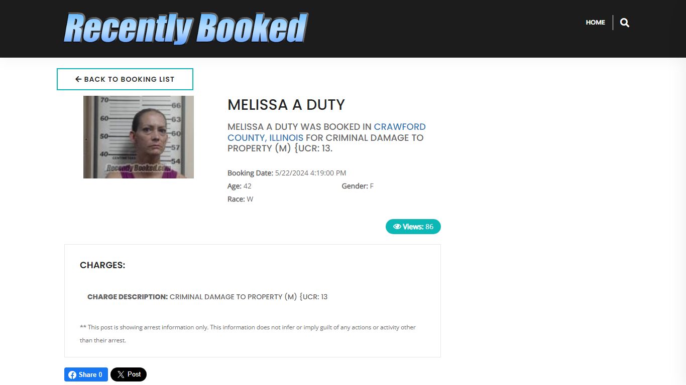 Recent Booking / Mugshot for MELISSA A DUTY in Crawford County, Illinois